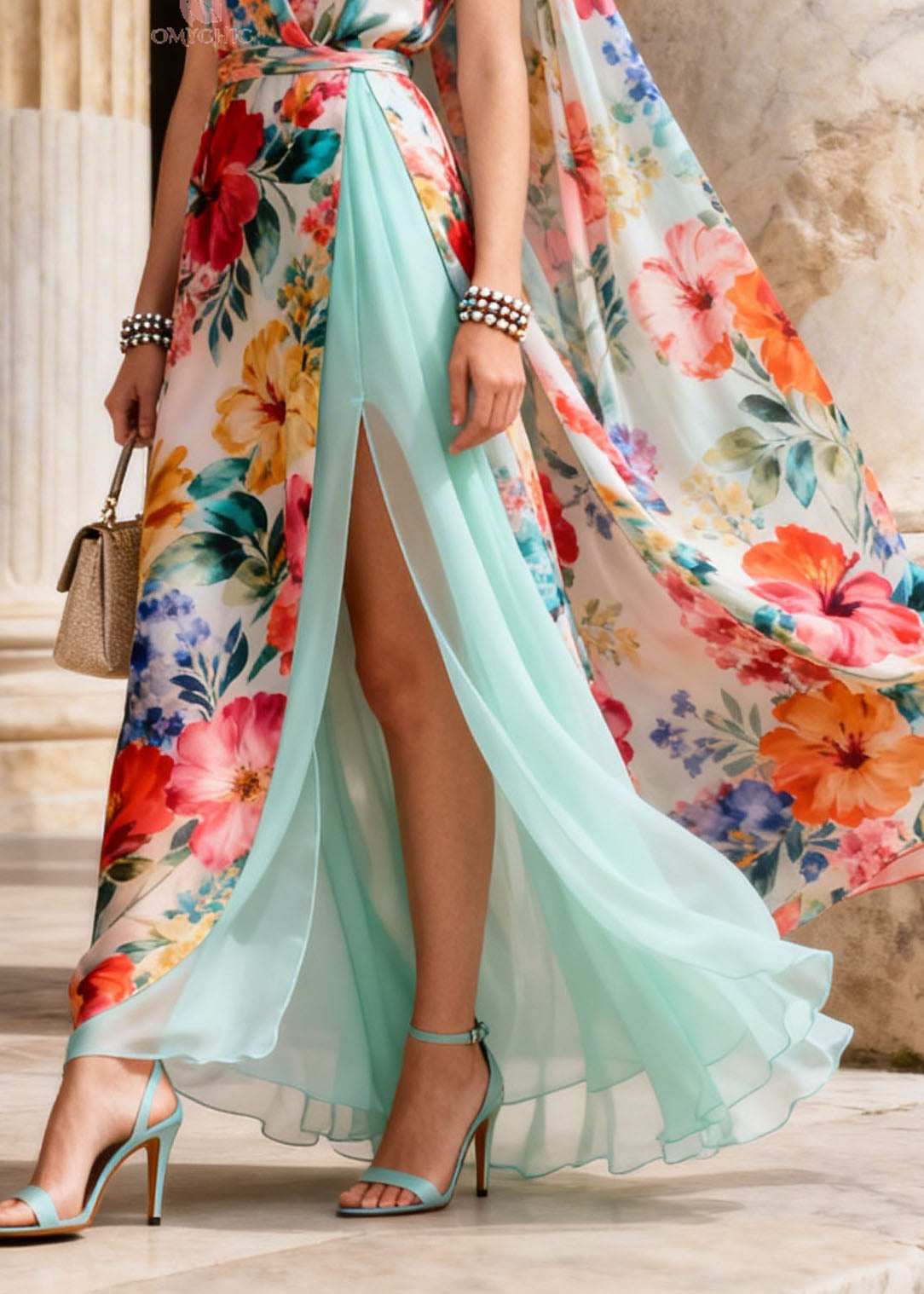 Hibiscus Floral Print Deep V-Neck Wrap Tie Belt Cape High Split Maxi Gown
