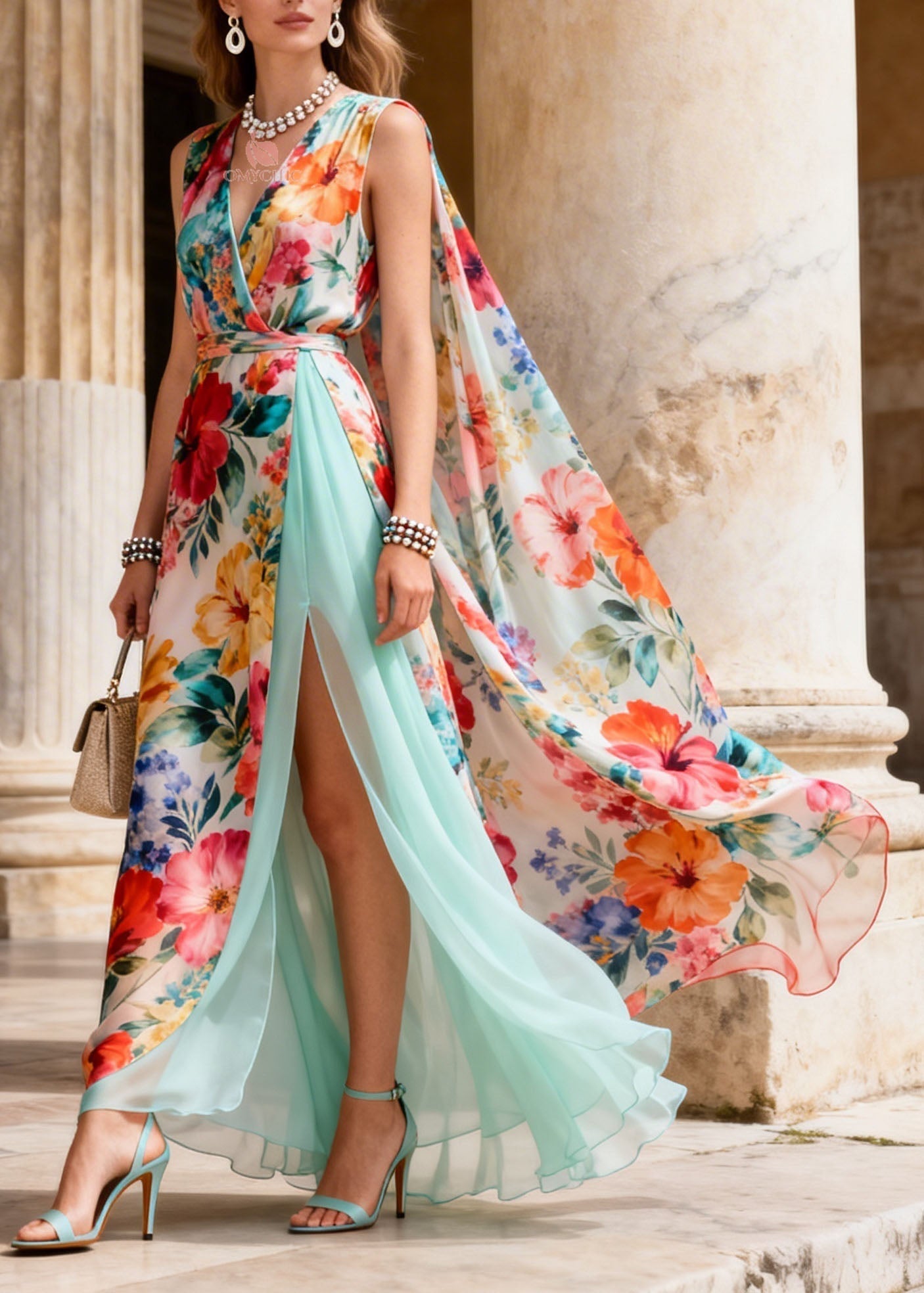 Hibiscus Floral Print Deep V-Neck Wrap Tie Belt Cape High Split Maxi Gown