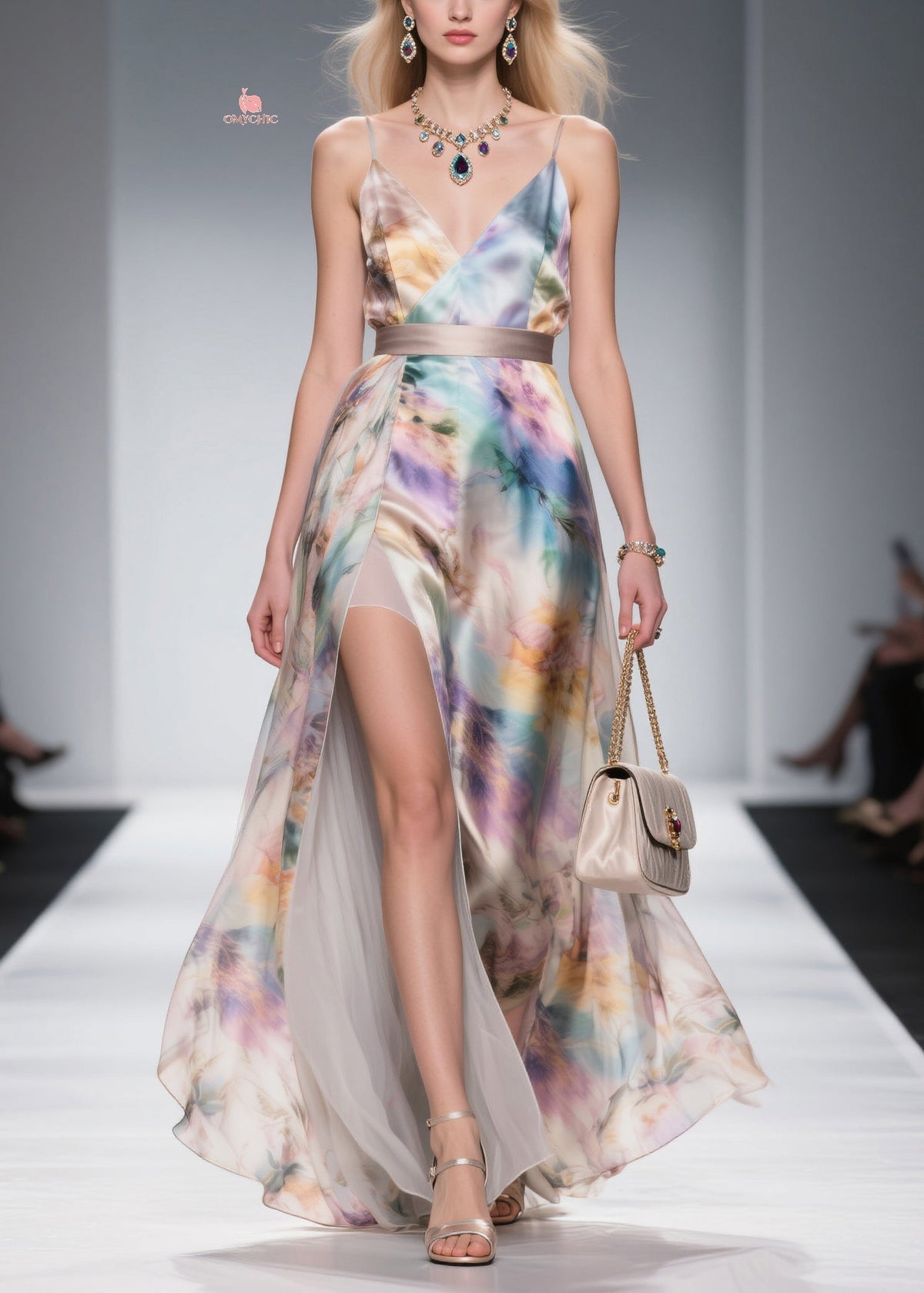 Watercolor Print Satin V-Neck Spaghetti Strap High Split Belted Maxi Dress 3