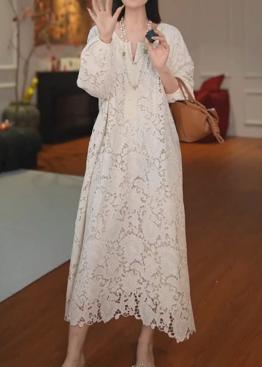 Floral Lace Split V-Neck Lantern Sleeve Scalloped Hem Maxi Dress