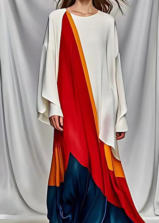 French White Asymmetrical Design Patchwork Silk Maxi Dresses Long Sleeve 3