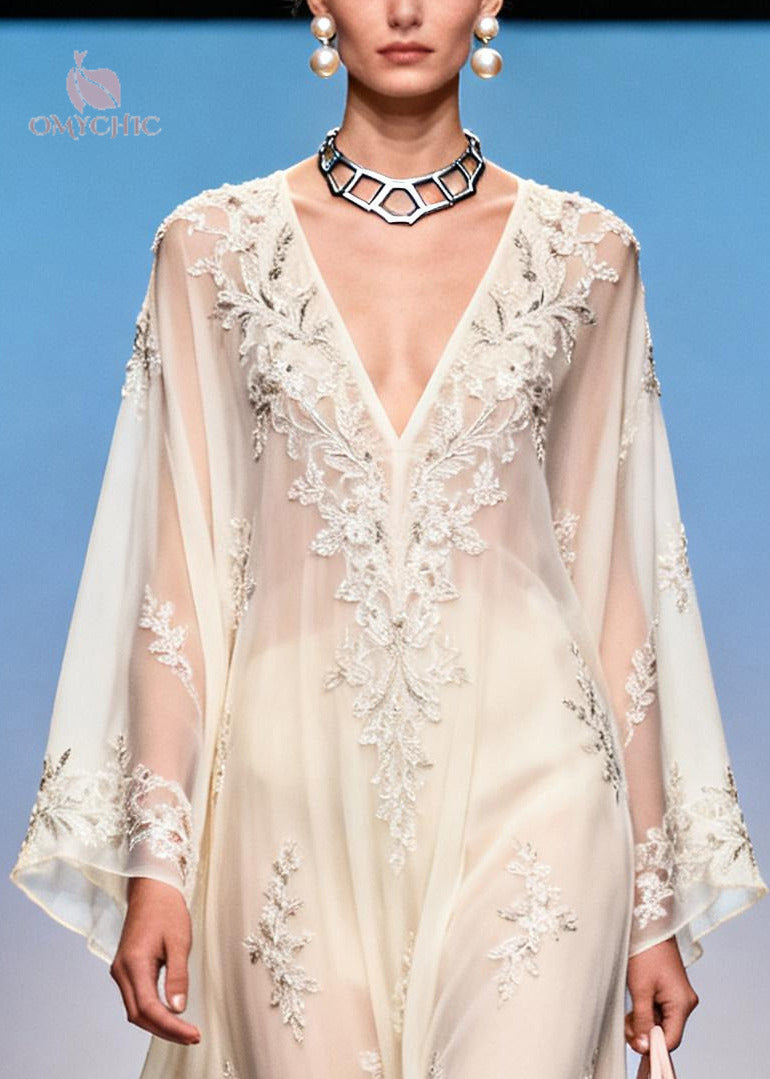 Floral Embroidered Sheer Deep V-Neck Bell Sleeve Layered Maxi Gown