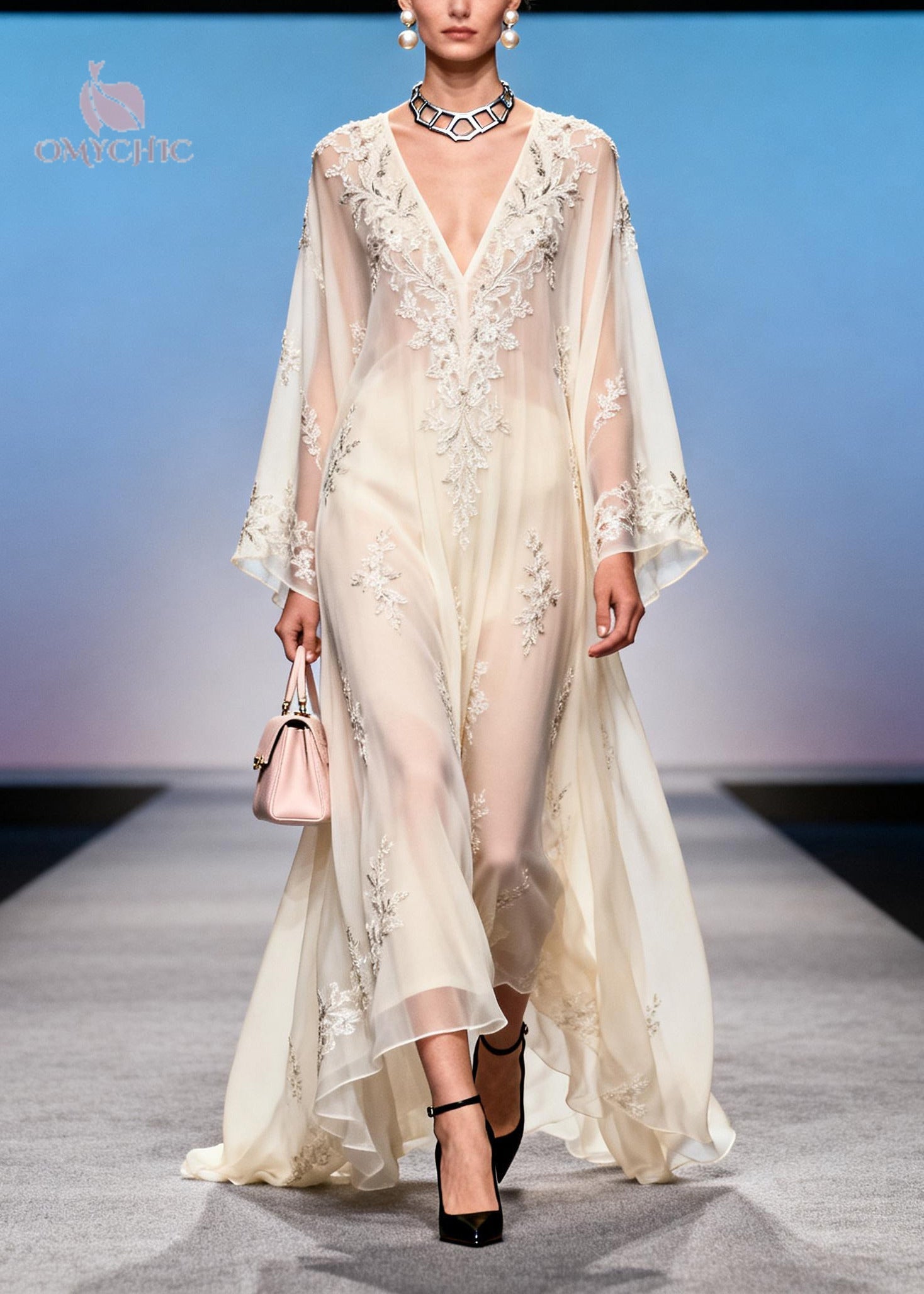 Floral Embroidered Sheer Deep V-Neck Bell Sleeve Layered Maxi Gown
