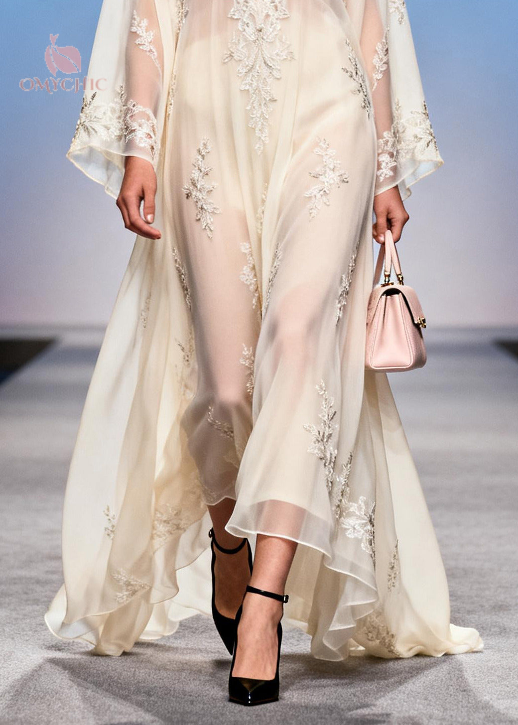 Floral Embroidered Sheer Deep V-Neck Bell Sleeve Layered Maxi Gown