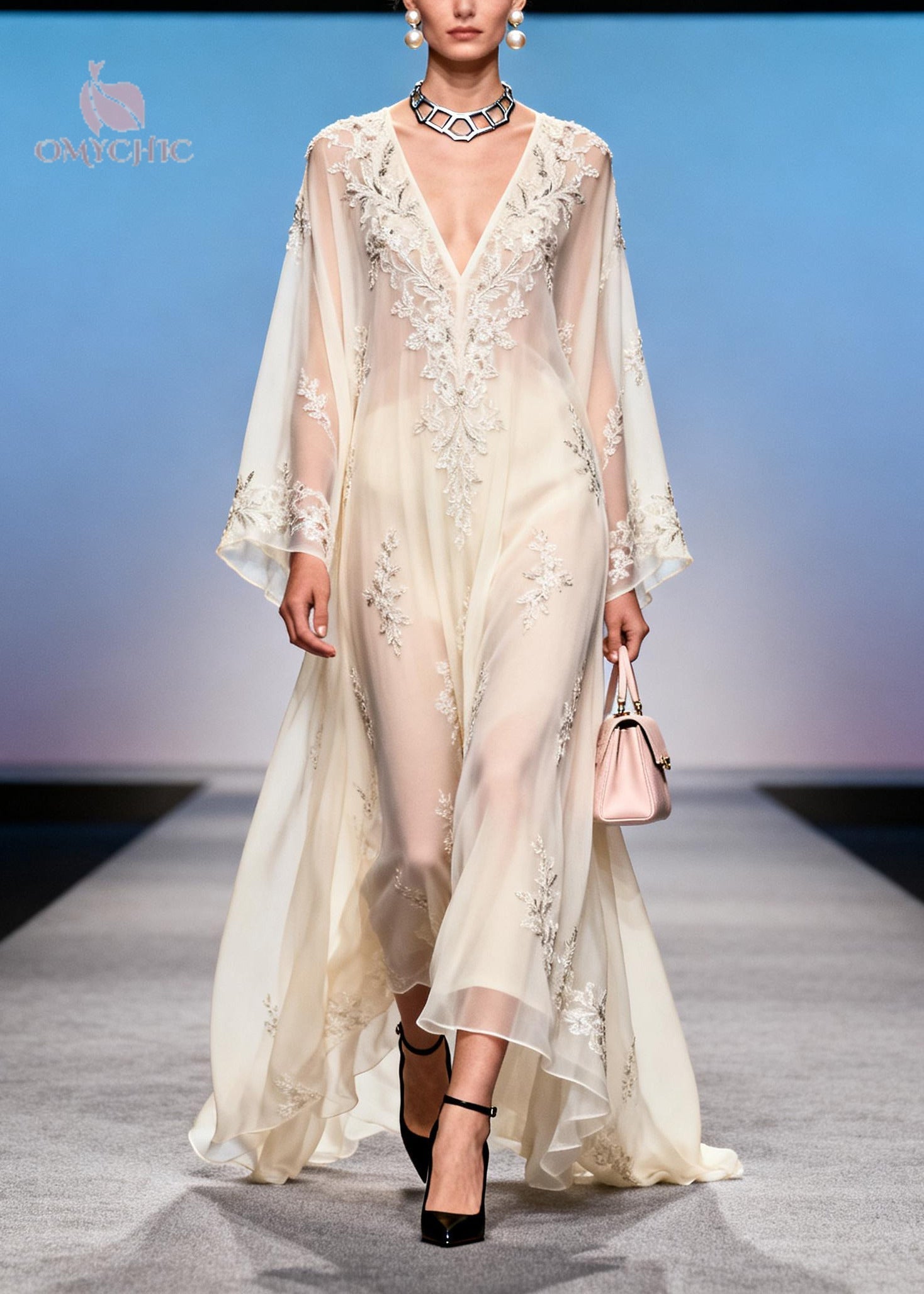 Floral Embroidered Sheer Deep V-Neck Bell Sleeve Layered Maxi Gown