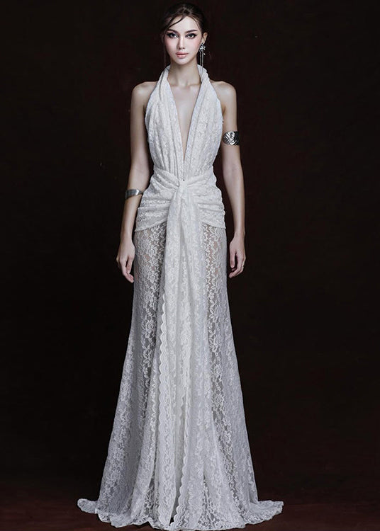 Lace Halter Neck High Split Maxi Dress - View 3