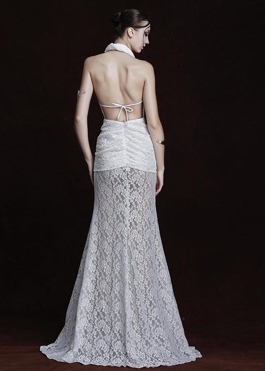 Lace Halter Neck High Split Maxi Dress - View 5