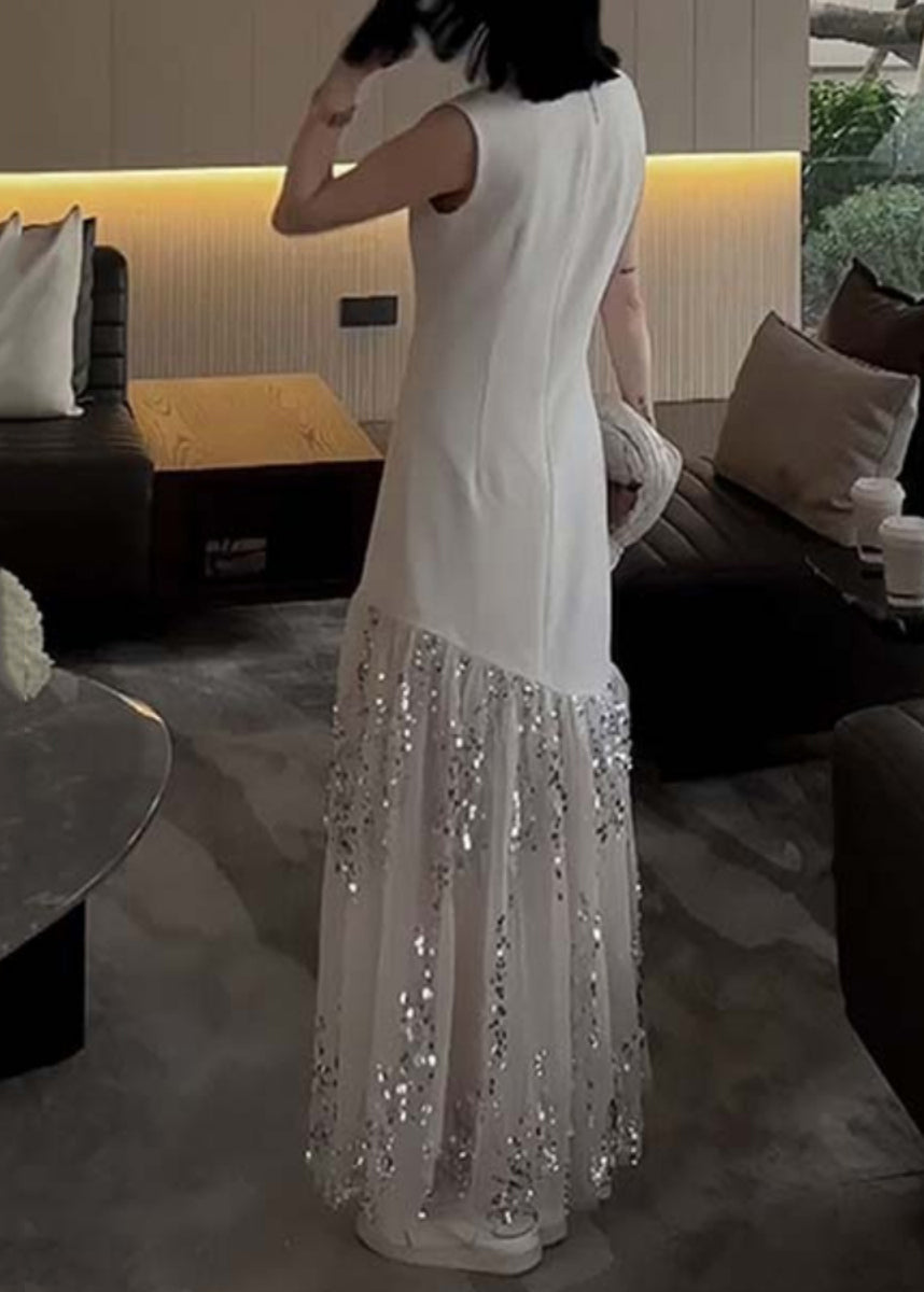Sequin Dripping Tulle Panel Sleeveless Crew Neck Asymmetrical Seam Maxi Gown