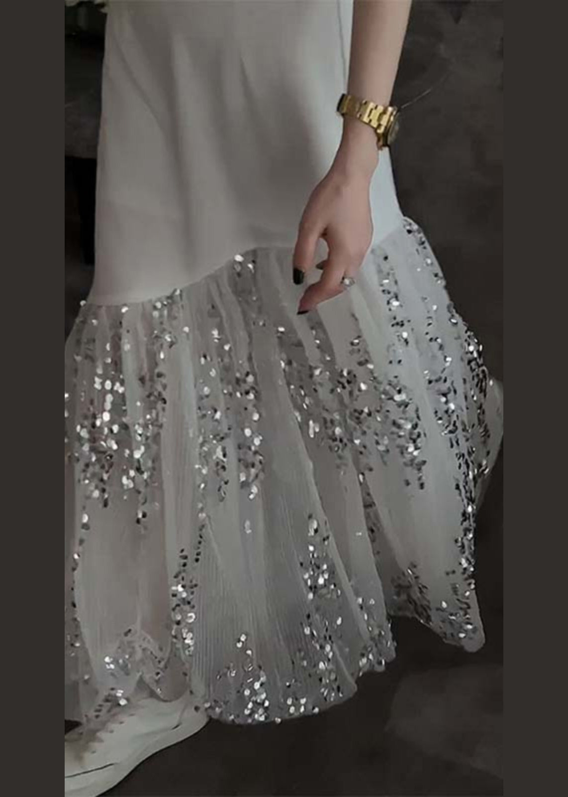 Sequin Dripping Tulle Panel Sleeveless Crew Neck Asymmetrical Seam Maxi Gown