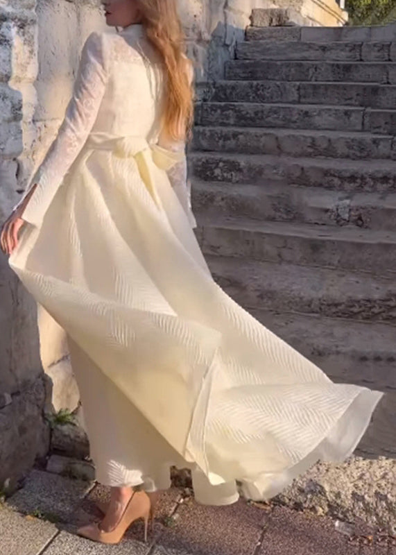 Lace Floral Embroidered Peter Pan Collar Long Sleeve Chevron Texture Maxi Dress