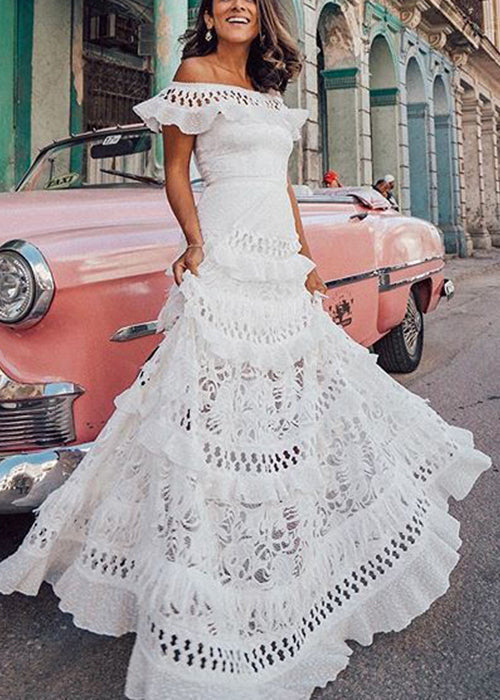 Off Shoulder Ruffle Cut Out Lace Tiered Maxi Dress