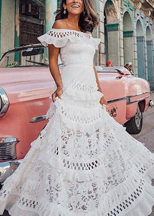 French White Ruffled Hollow Out Lace Maxi Dresses Summer 4