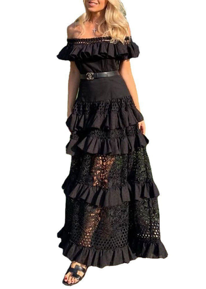 French White Ruffled Hollow Out Lace Maxi Dresses Summer 5