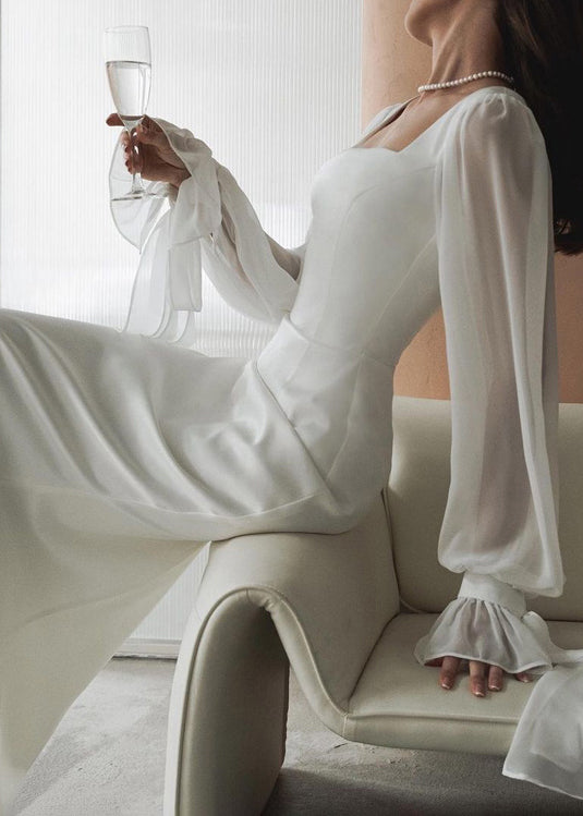 French White Square Collar Tulle Patchwork Cotton Dress Fall