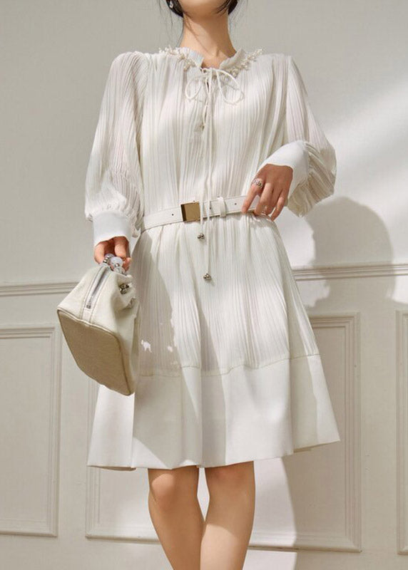 Pleated Pearl Trim Ruffle Collar Tie Neck Belted Long Sleeve Mini Dress
