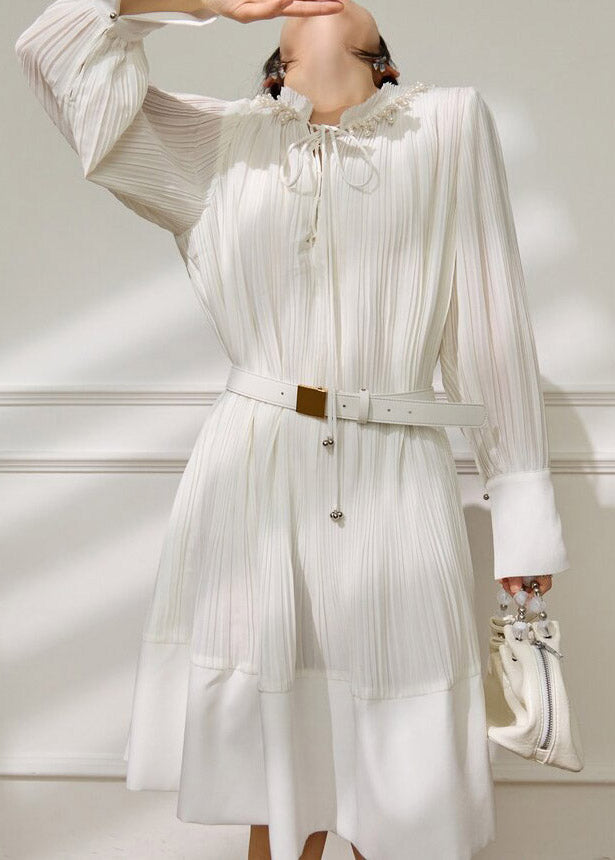 Pleated Pearl Trim Ruffle Collar Tie Neck Belted Long Sleeve Mini Dress