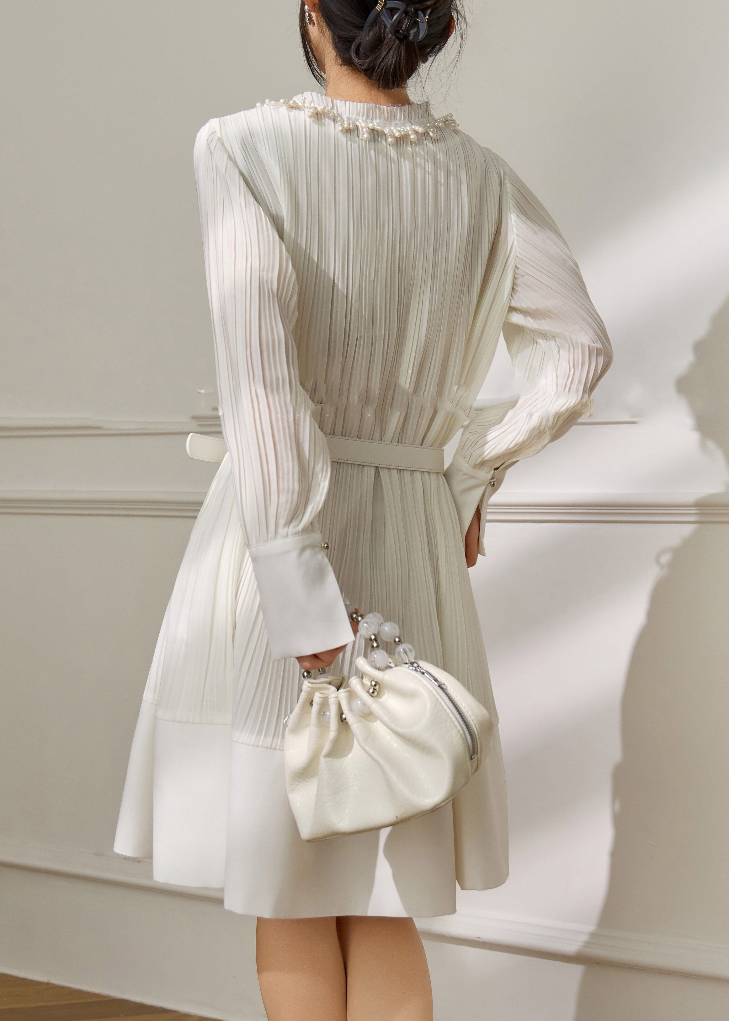 Pleated Pearl Trim Ruffle Collar Tie Neck Belted Long Sleeve Mini Dress
