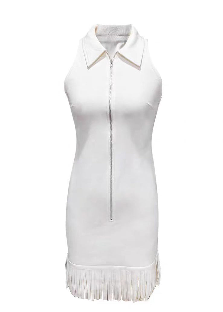 French White Tasseled Zippered Cotton Dress Sleeveless