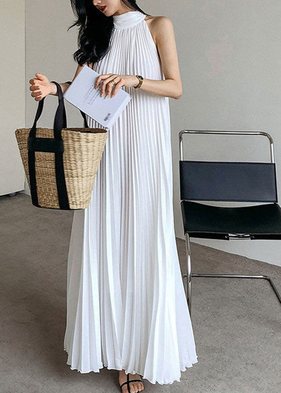 Halter Neck Sleeveless Pleated Flowy Chiffon Maxi Dress
