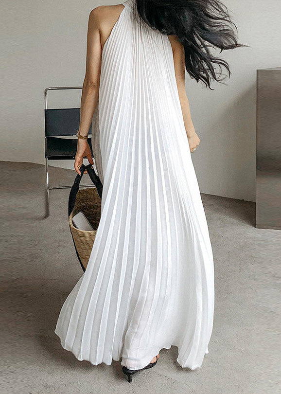 Halter Neck Sleeveless Pleated Flowy Chiffon Maxi Dress