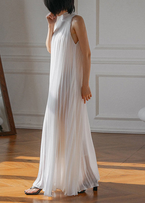 Halter Neck Sleeveless Pleated Flowy Chiffon Maxi Dress