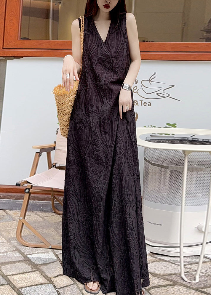 Jacquard Leaf Embossed Deep V-Neck Sleeveless Flowy Maxi Dress