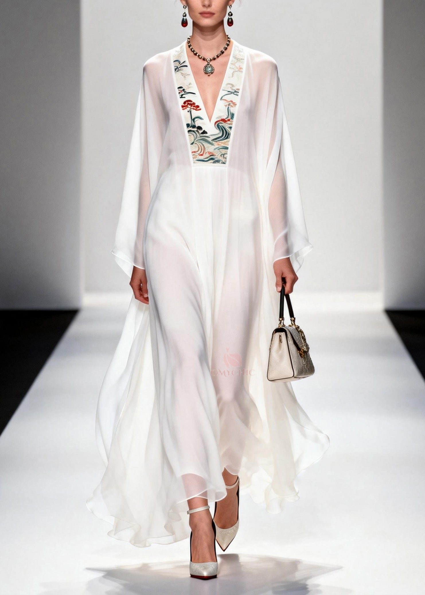 Embroidered Floral Panel Deep V-Neck Bell Sleeve Sheer Chiffon Maxi Gown