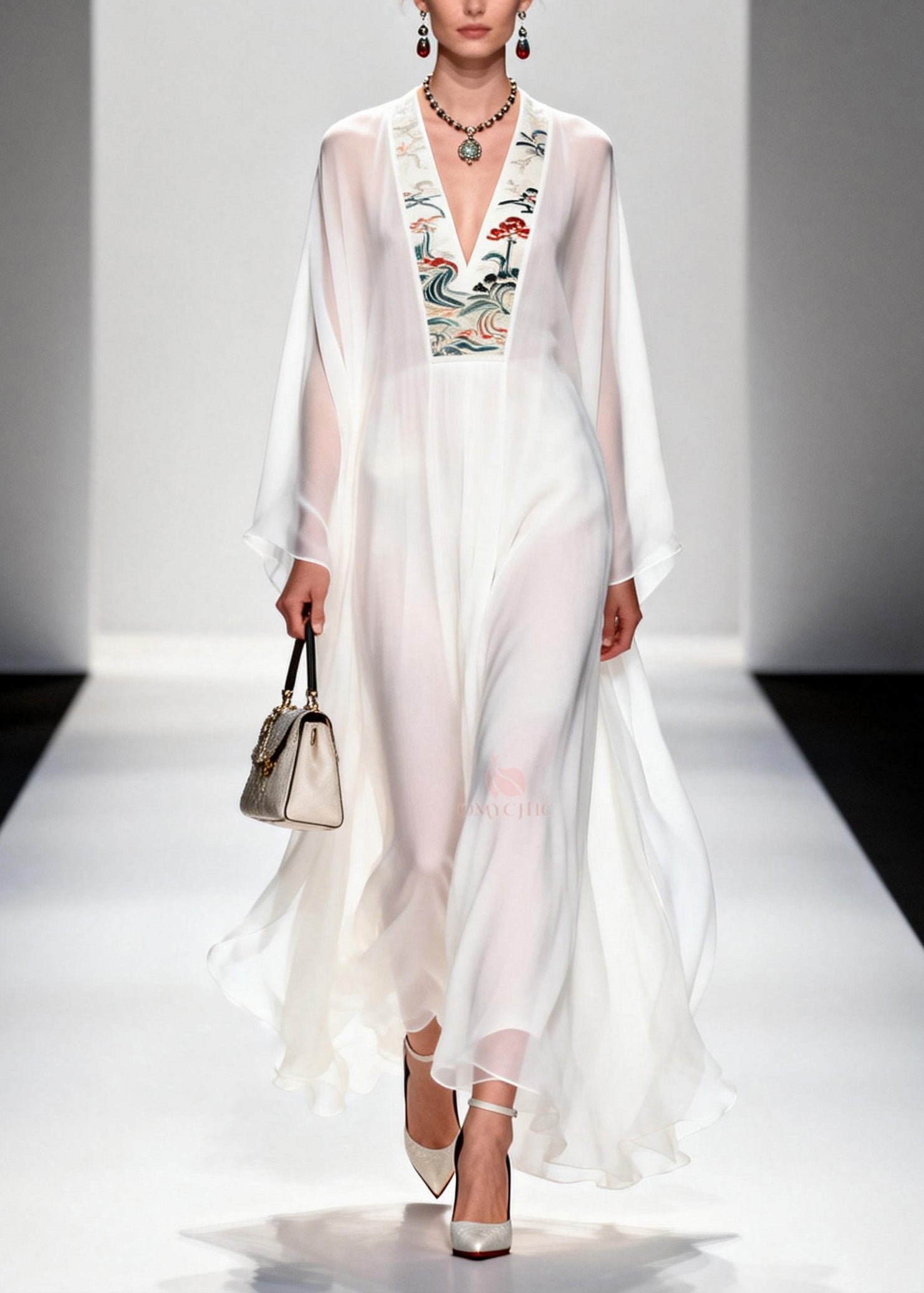 Embroidered Floral Panel Deep V-Neck Bell Sleeve Sheer Chiffon Maxi Gown