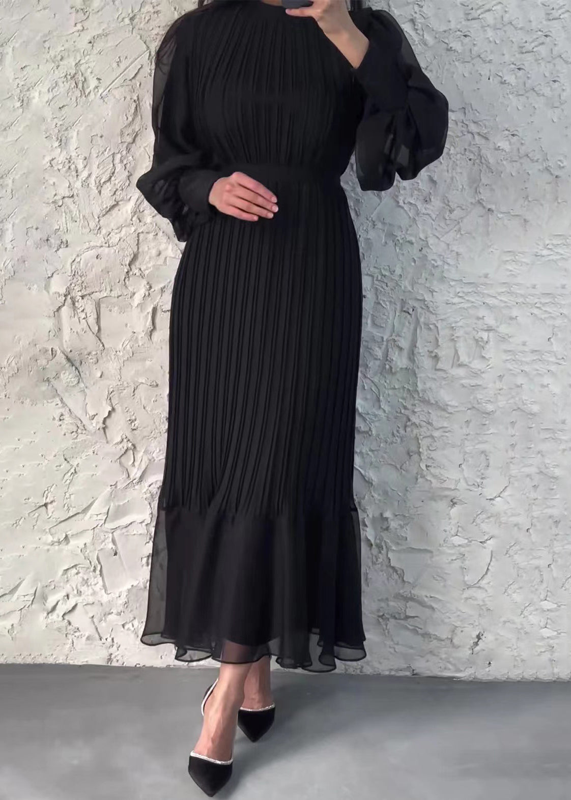 Chiffon Pleated Mock Neck Sheer Bishop Sleeve Ruffle Flounce Hem Maxi Dress
