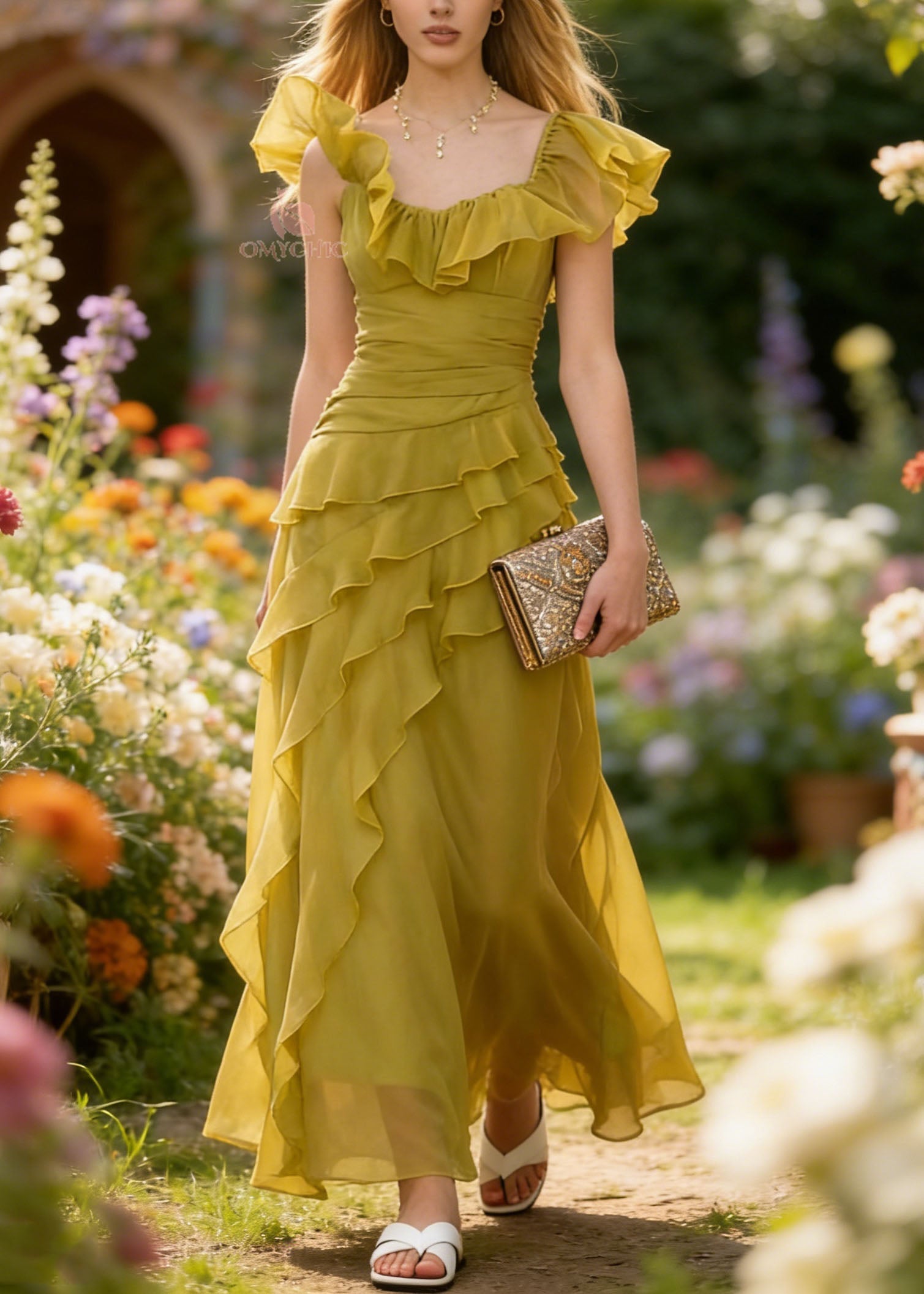 French Yellow Green Ruffled Patchwork Chiffon Dresses Summer - View 3