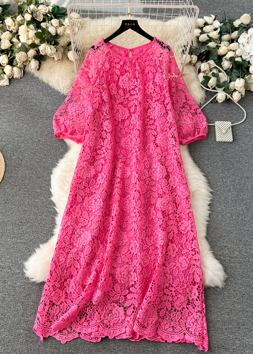 Floral Lace Crew Neck Keyhole Back Three Quarter Puff Sleeve Scallop Hem Midi Dress