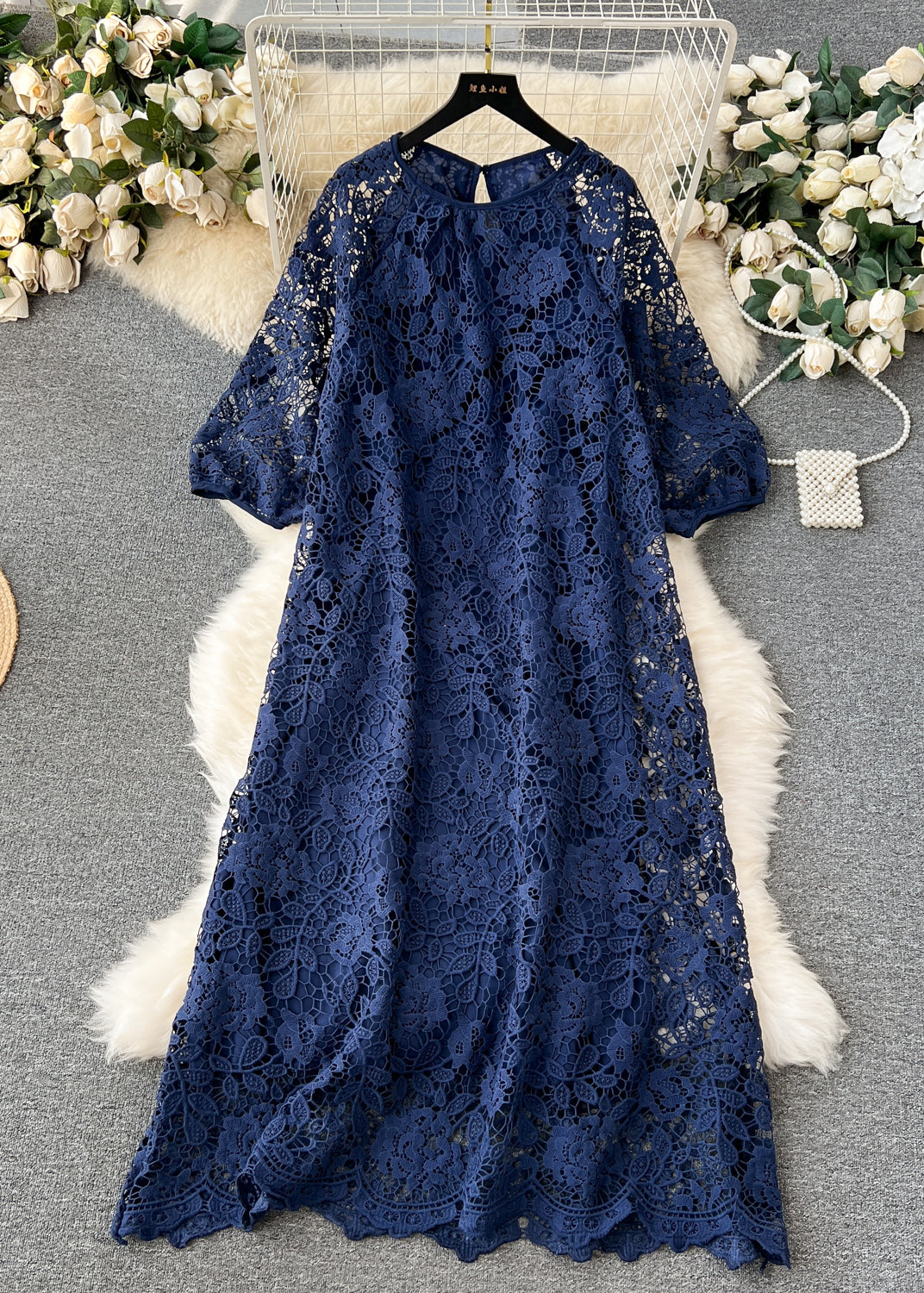 Floral Lace Crew Neck Keyhole Back Three Quarter Puff Sleeve Scallop Hem Midi Dress