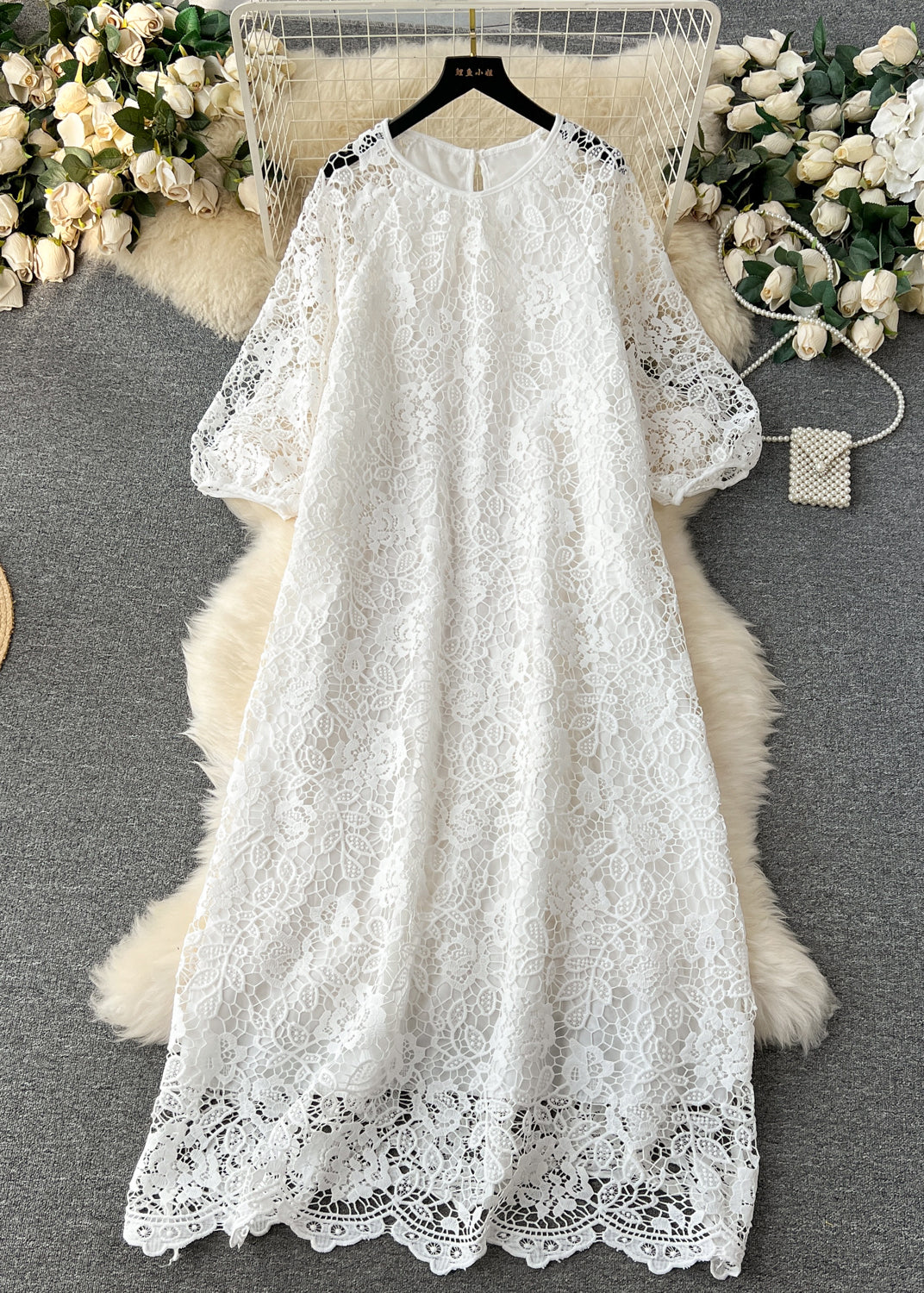 Floral Lace Crew Neck Keyhole Back Three Quarter Puff Sleeve Scallop Hem Midi Dress
