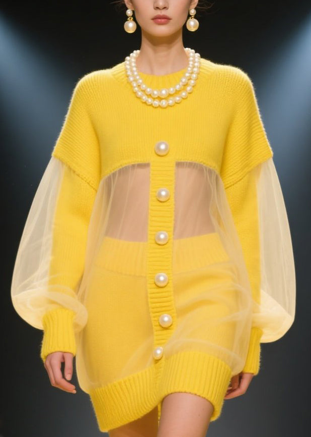 Knit Pearl Button Sheer Mesh Balloon Sleeve Mini Dress