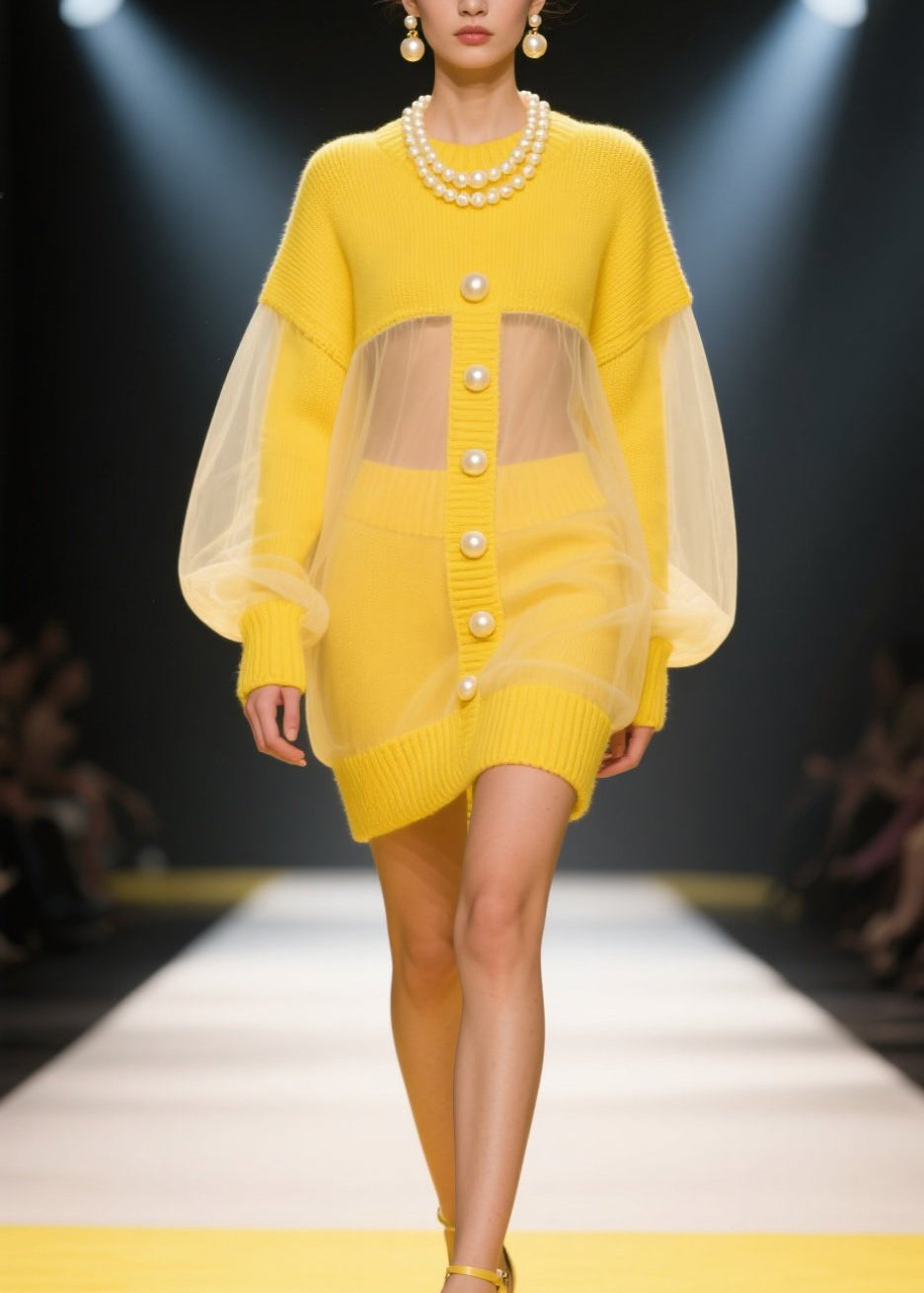 Knit Pearl Button Sheer Mesh Balloon Sleeve Mini Dress
