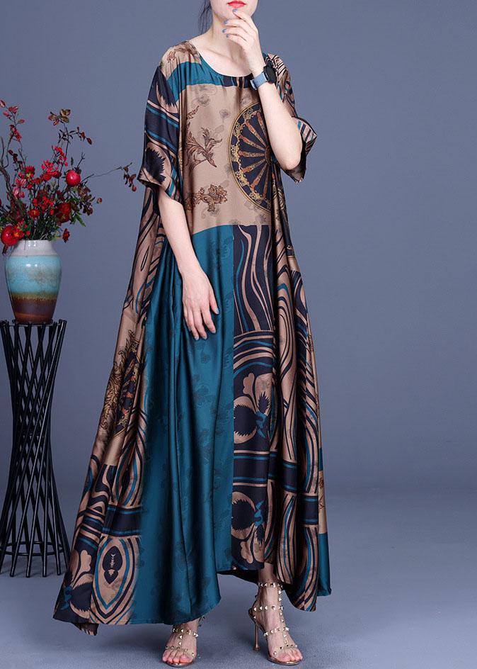 Patchwork Print Round Neck Drop Shoulder Oversized Satin Maxi Dress