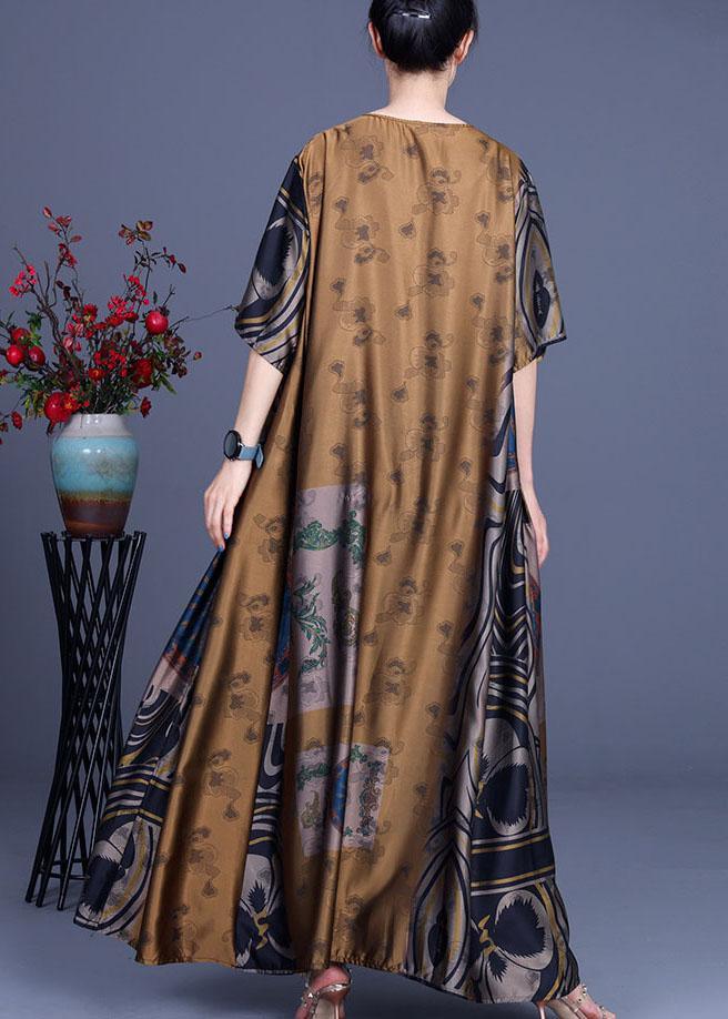 Patchwork Print Round Neck Drop Shoulder Oversized Satin Maxi Dress