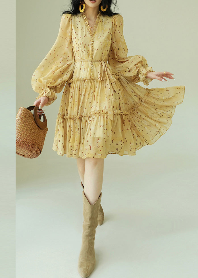 French Yellow Ruffled Print Tie Waist Chiffon Dress Fall 2