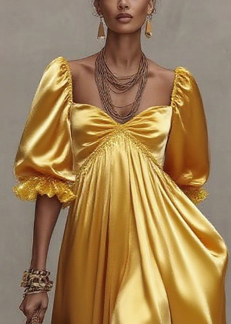 Satin Sweetheart Neck Puff Sleeve Ruffle Cuff Empire Waist Maxi Gown