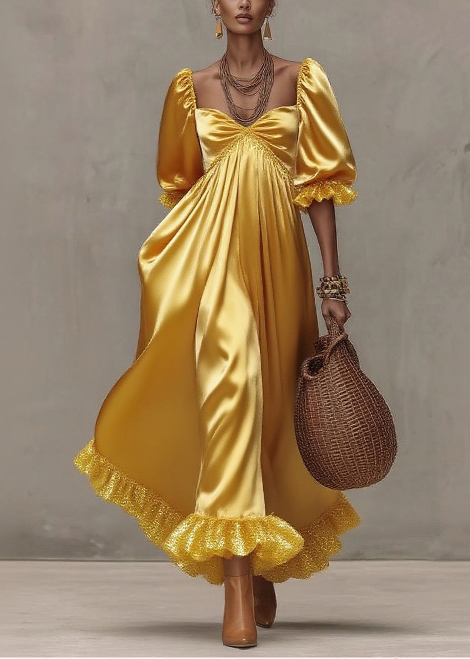 Satin Sweetheart Neck Puff Sleeve Ruffle Cuff Empire Waist Maxi Gown