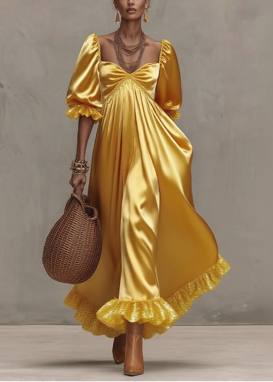 Satin Sweetheart Neck Puff Sleeve Ruffle Cuff Empire Waist Maxi Gown - View 5