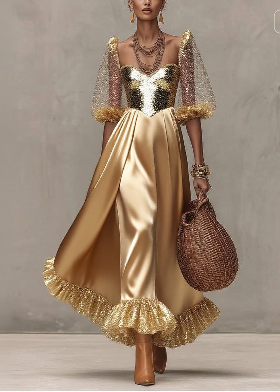 Sequin Sweetheart Puff Sleeve Bustier Ruffle Hem Maxi Evening Dress