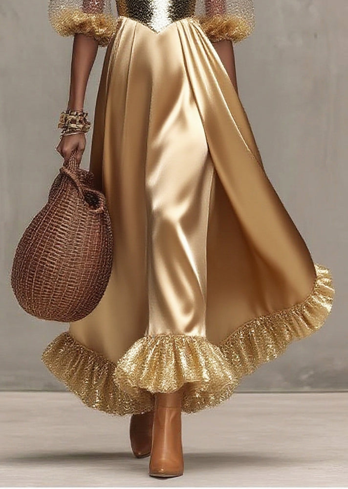 Sequin Sweetheart Puff Sleeve Bustier Ruffle Hem Maxi Evening Dress