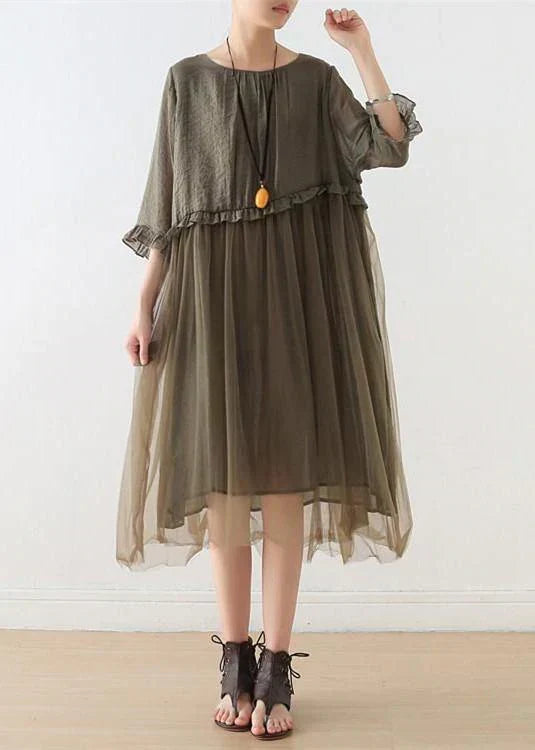 Round Neck Ruffle Trim Tulle Skirt Patchwork Loose Midi Dress 3