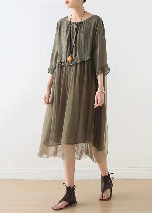 Round Neck Ruffle Trim Tulle Skirt Patchwork Loose Midi Dress 8