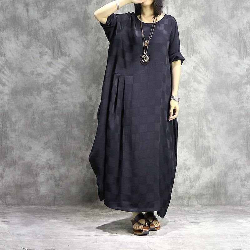 Check Print Round Neck Short Sleeve Pleated Cocoon Maxi Dress