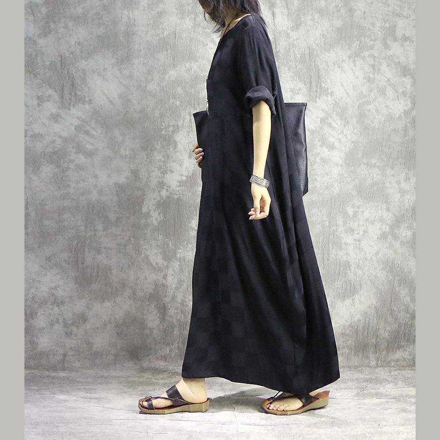 Check Print Round Neck Short Sleeve Pleated Cocoon Maxi Dress