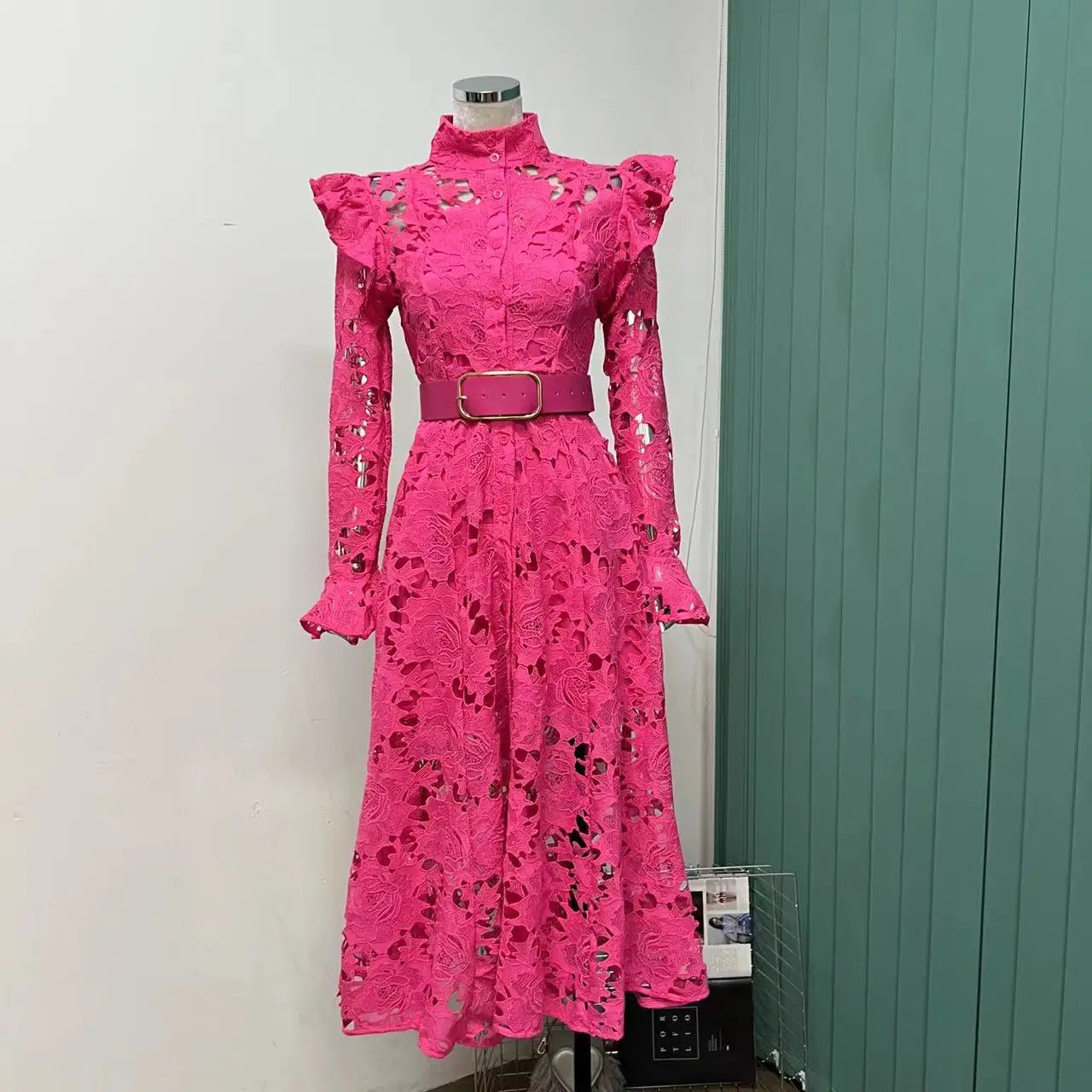 Lace Ruffle Shoulder Button Front Belted Long Sleeve Midi Dress