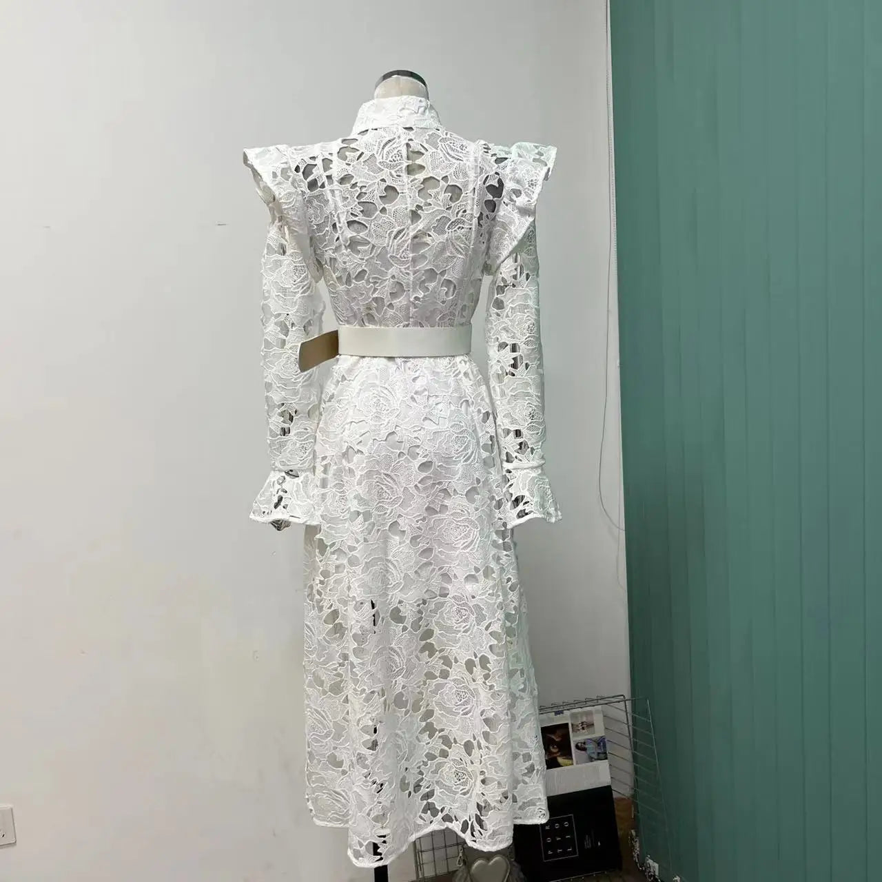 Lace Ruffle Shoulder Button Front Belted Long Sleeve Midi Dress