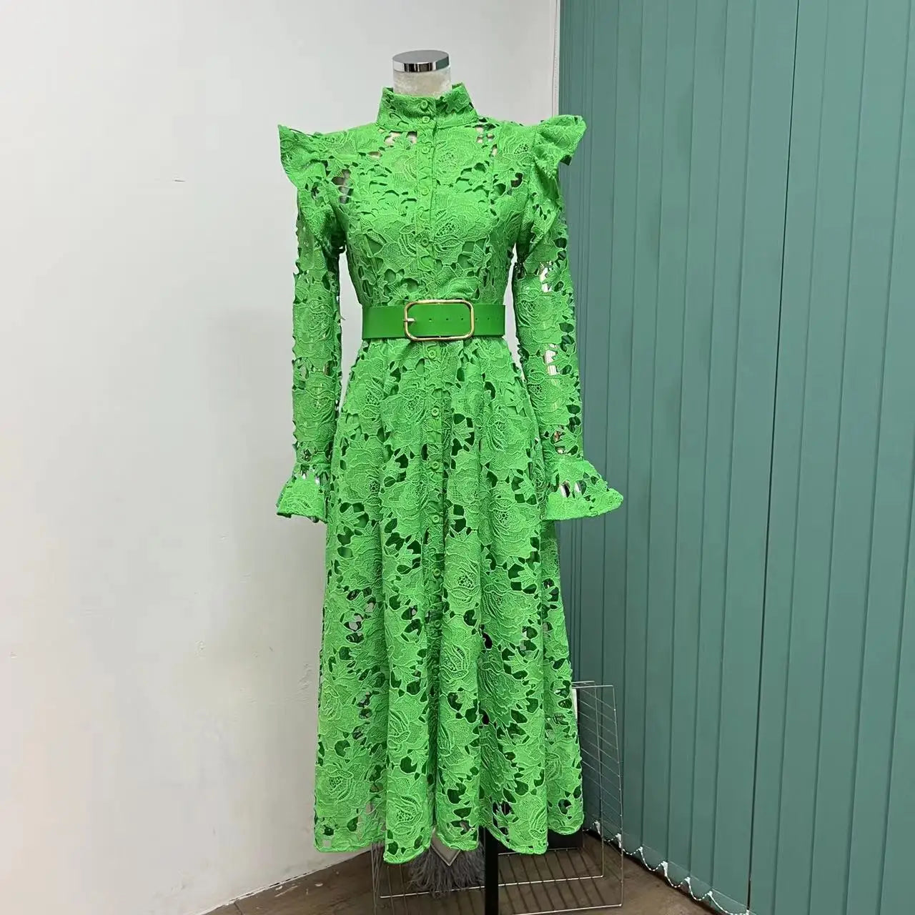 Lace Ruffle Shoulder Button Front Belted Long Sleeve Midi Dress